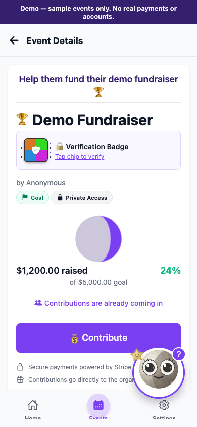 Lunifra event details screen showing a shared goal 24% funded, a moon-progress ring and a Contribute button
