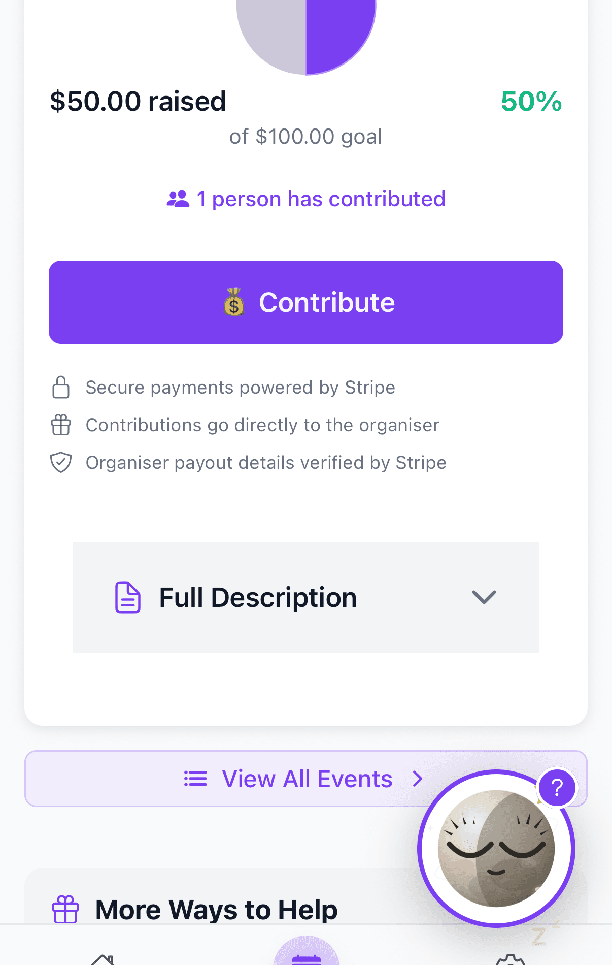 Lunifra app screen showing a shared goal 50% funded with a moon-progress ring, a Contribute button and the Lunifra moon mascot