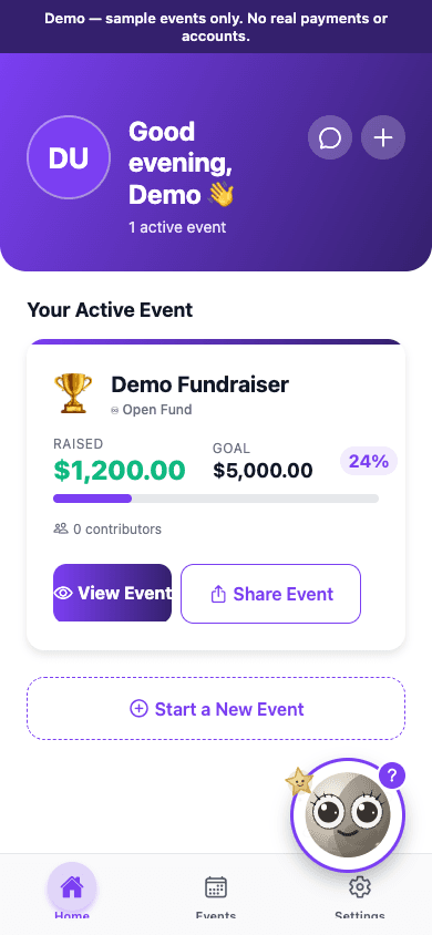 Lunifra home screen showing an active event, its funding progress, and quick actions to view or share it