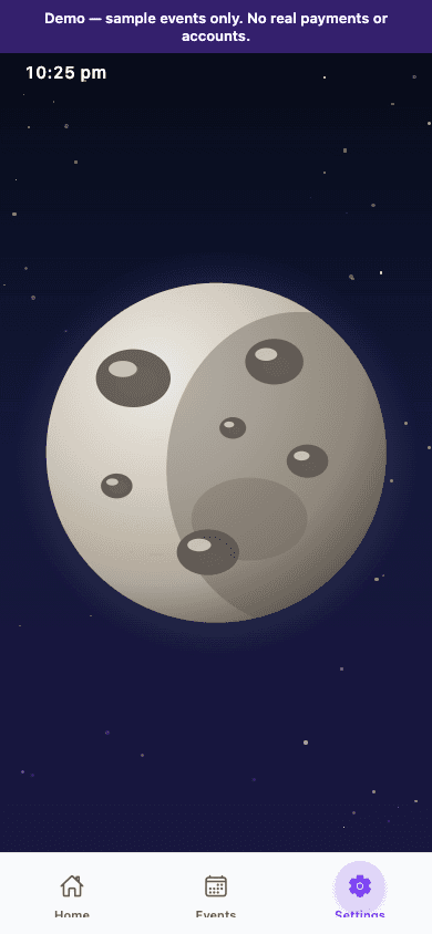 Lunifra night-light screen showing a full moon over a starry sky